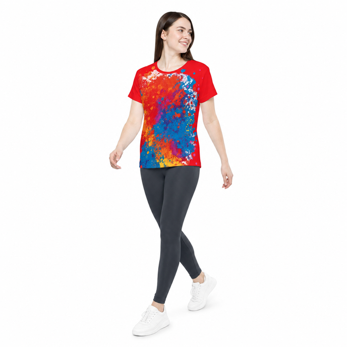 Bright polyester workout tee for women with red base, blue and orange graphic splashes, and casual sporty styling daily wear.