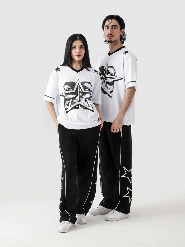 Star basketball jersey black white male model full body front view Pakistan – GROOVY
