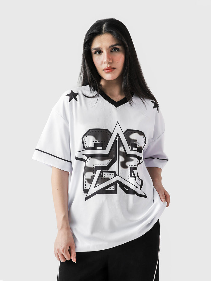 Star basketball jersey female model back view graphic print mesh Pakistan – GROOVY