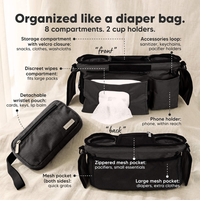 Organized like a diaper bag (8 compartments. 2 cup holders) - Storage compartment with velcro closure, Accessories loop, Phone holder, Discreet wipes, Detachable wristlet pouch, Mesh pocket (both sides), Zippered mesh pocket, and Large mesh pocket.