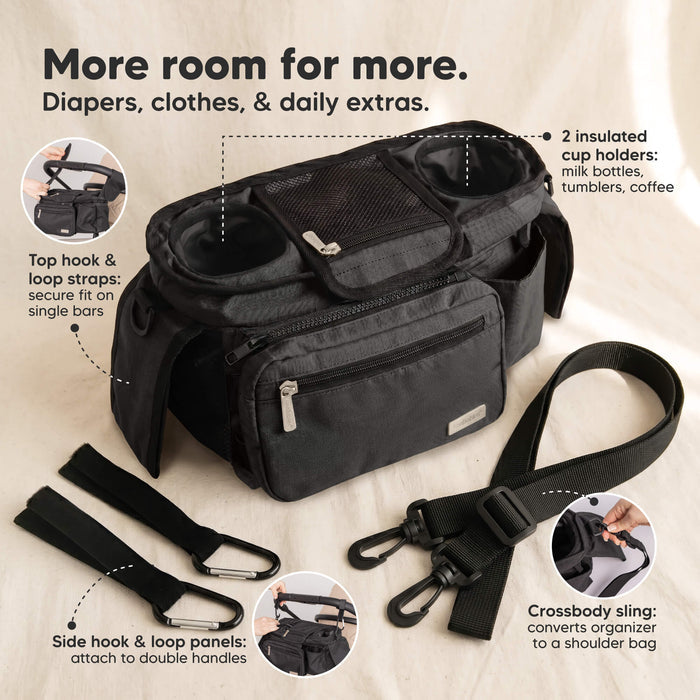 More room for more (Diapers, clothes, & daily extras) - Top hook & loop straps, Side hook & loop panels, 2 insulated cup holders, and Crossbody sling.