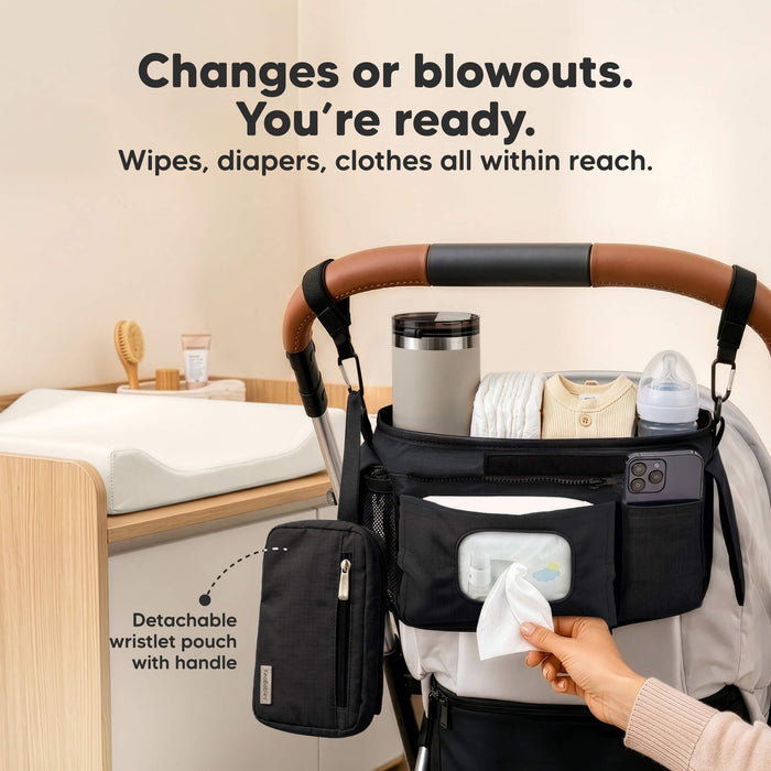 Changes or blowouts. You're ready - Wipes, diapers, clothes all within reach. (Detachable wristlet pouch with handle)