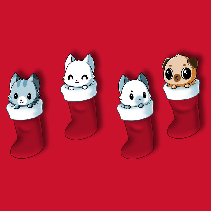 Premium Cotton T-shirt_TeeTurtle Stocking Stuffers red t-shirt featuring a group of three cats and pug puppy looking cute in Christmas stockings.