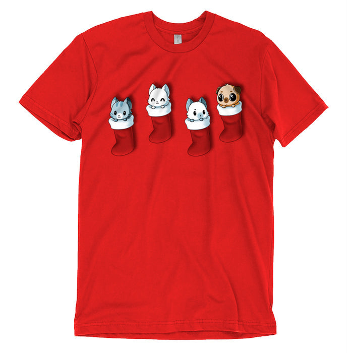 Premium Cotton T-shirt_TeeTurtle Stocking Stuffers red apparel featuring a group of three cats and pug puppy looking cute in Christmas stockings.