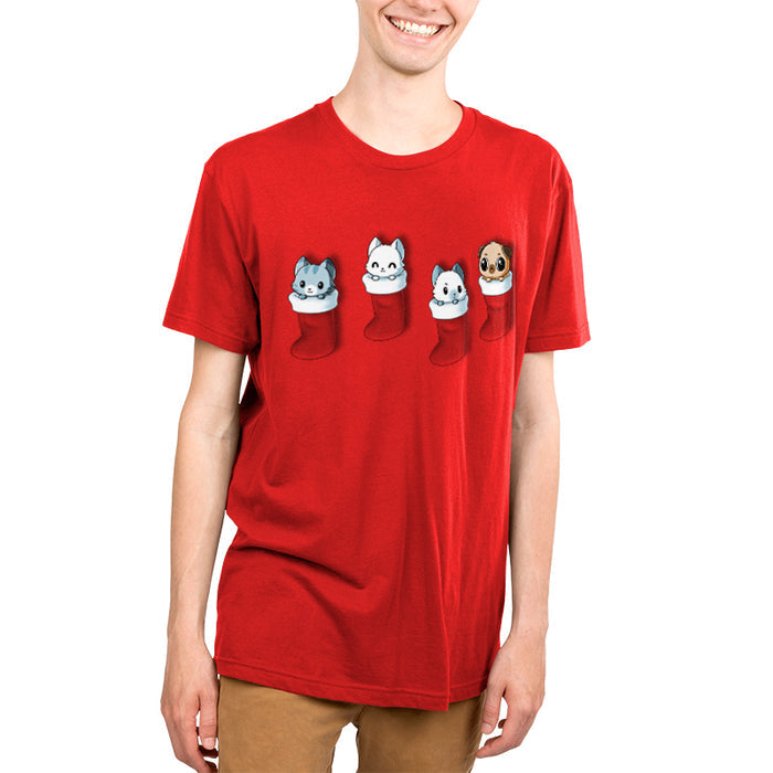 Premium Cotton T-shirt_TeeTurtle Stocking Stuffers red apparel featuring a group of three cats and pug puppy looking cute in Christmas stockings.
