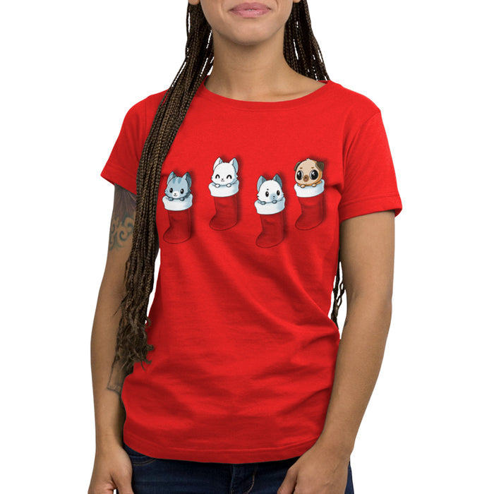 Premium Cotton T-shirt_TeeTurtle Stocking Stuffers red apparel featuring a group of three cats and pug puppy looking cute in Christmas stockings.