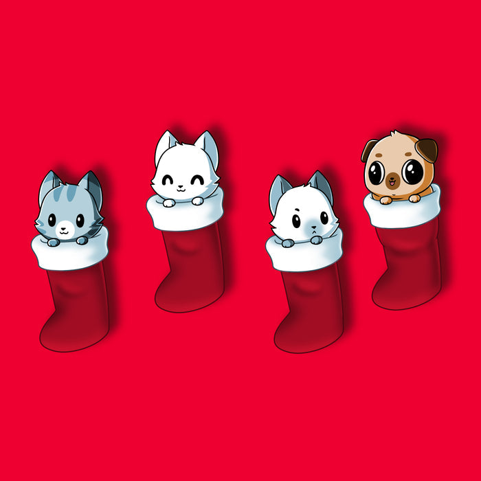 Classic Cotton T-shirt_TeeTurtle Stocking Stuffers red apparel featuring a group of three cats and pug puppy looking cute in Christmas stockings.