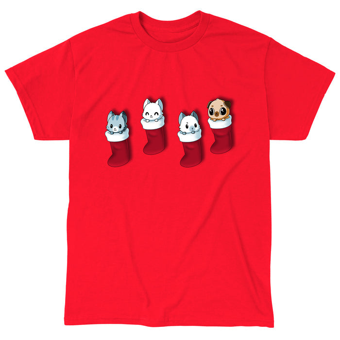 Classic Cotton T-shirt_TeeTurtle Stocking Stuffers red apparel featuring a group of three cats and pug puppy looking cute in Christmas stockings.