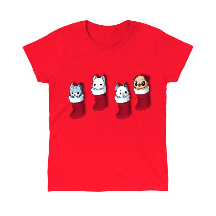 Classic Cotton T-shirt_TeeTurtle Stocking Stuffers red apparel featuring a group of three cats and pug puppy looking cute in Christmas stockings.