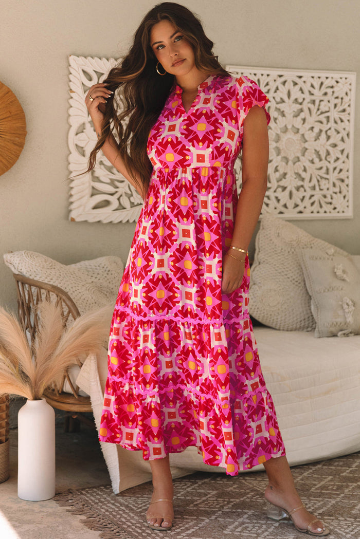 Strawberry Pink Geo Print V-neck Maxi Dress - S / 100% Polyester - Dresses/Maxi Dresses