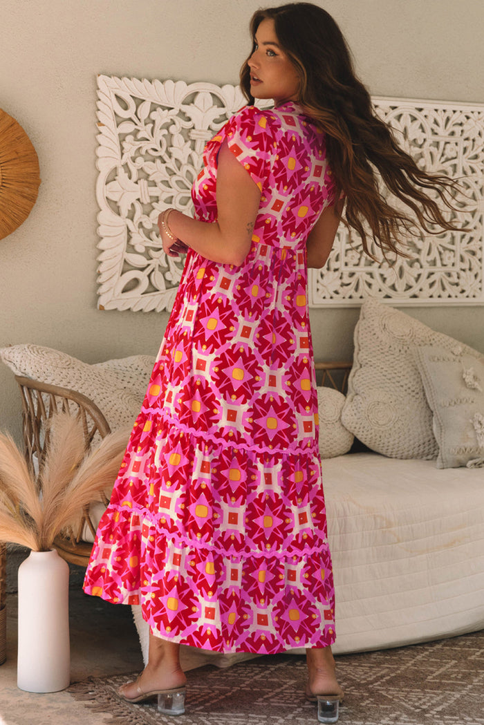 Strawberry Pink Geo Print V-neck Maxi Dress - Dresses/Maxi Dresses