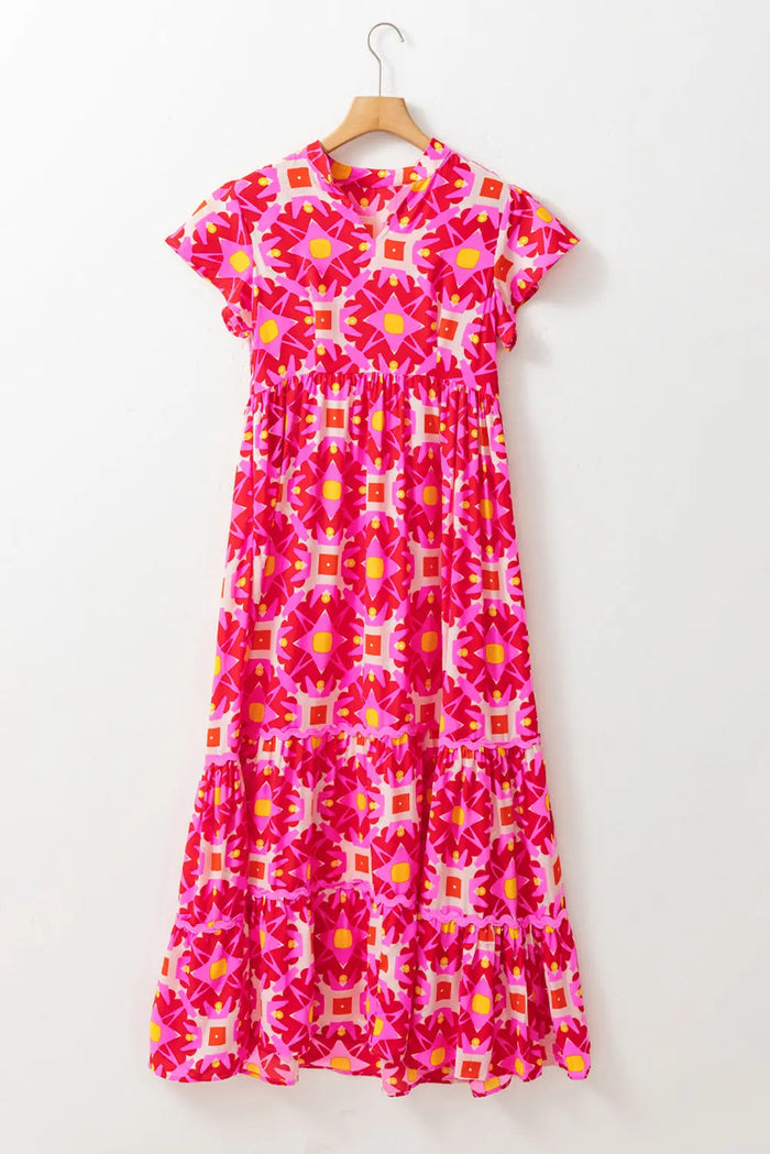 Strawberry Pink Geo Print V-neck Maxi Dress - Dresses/Maxi Dresses