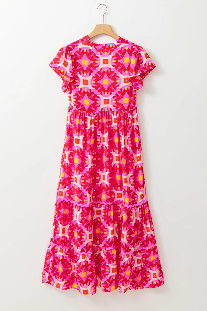 Strawberry Pink Geo Print V-neck Maxi Dress - Dresses/Maxi Dresses