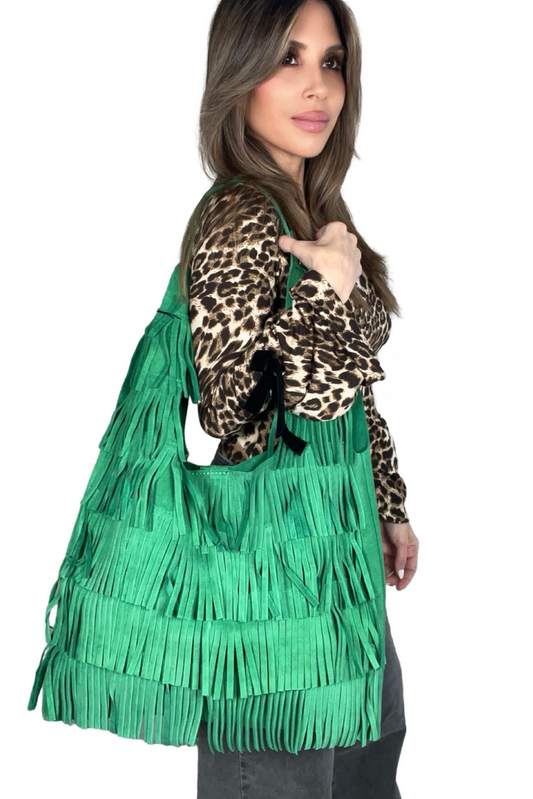Suede fringe tote bag with a large handbag silhouette and western-inspired fringe detail.