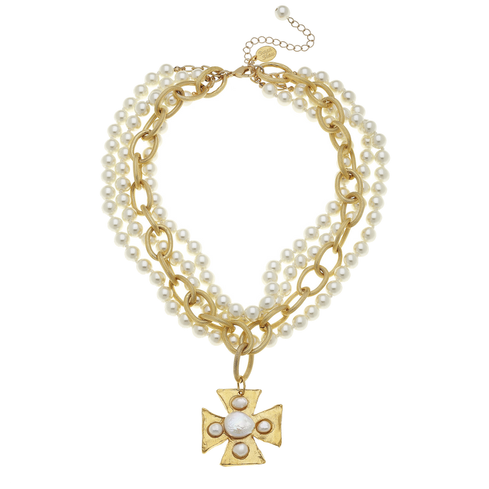 Flat view of the Susan Shaw Cotton Cross Multi-Strand Pearl Necklace