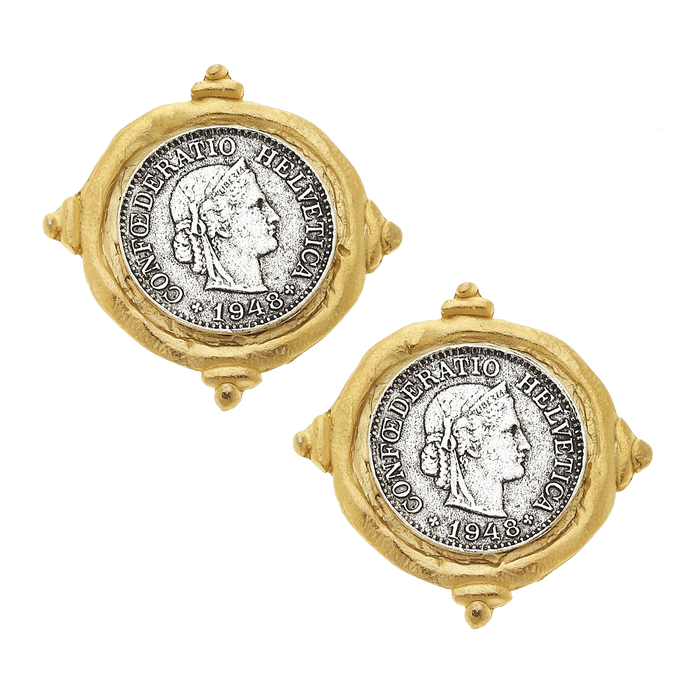 flat view of the Susan Shaw Handcast Mixed Metal French Franc Stud Earrings