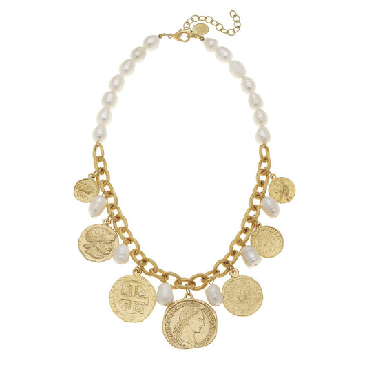 Flat view of the Susan Shaw Multi Coin & Freshwater Pearl Charm Necklace