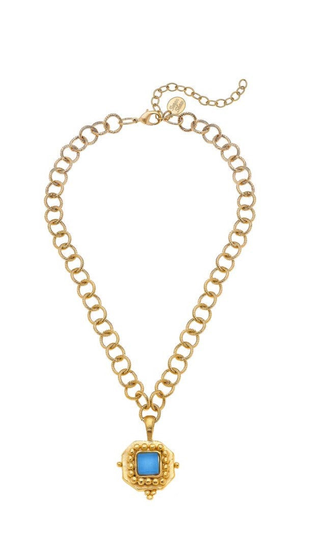 Flat view of the Susan Shaw Square Aqua French Glass Necklace