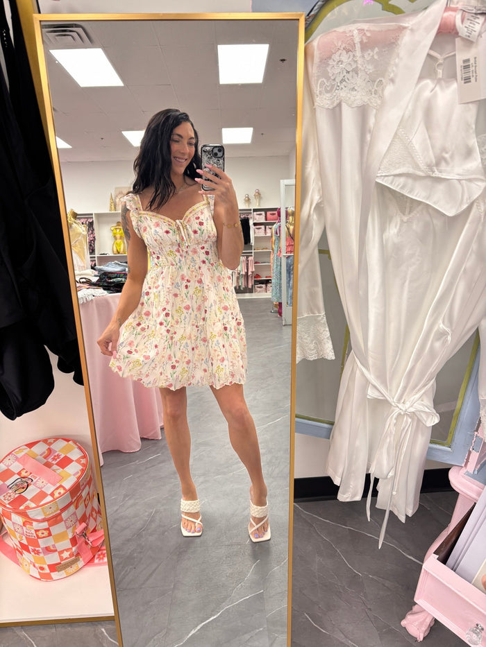 Sweet Meadow Floral Mini Dress - White - Intimate Whispers