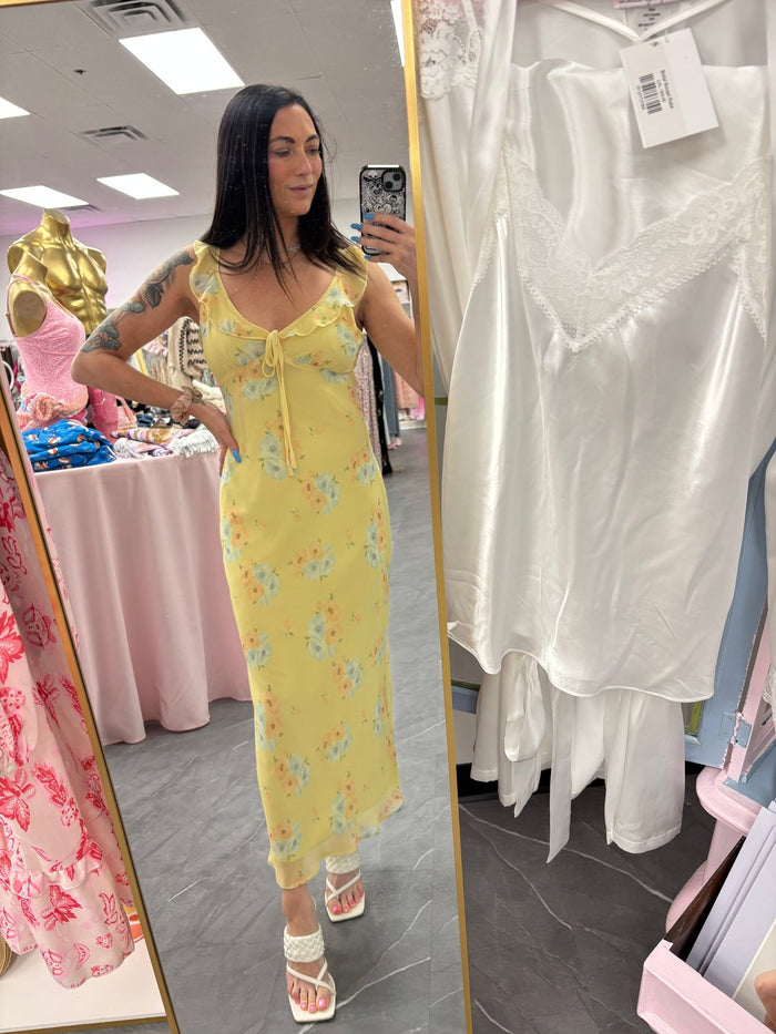 Sweetheart Neck Maxi Dress - Yellow Floral - Intimate Whispers