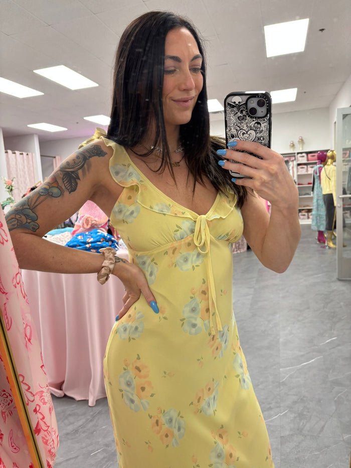 Sweetheart Neck Maxi Dress - Yellow Floral - Intimate Whispers