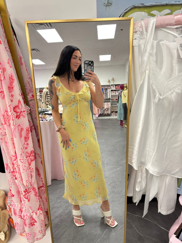 Sweetheart Neck Maxi Dress - Yellow Floral - Intimate Whispers
