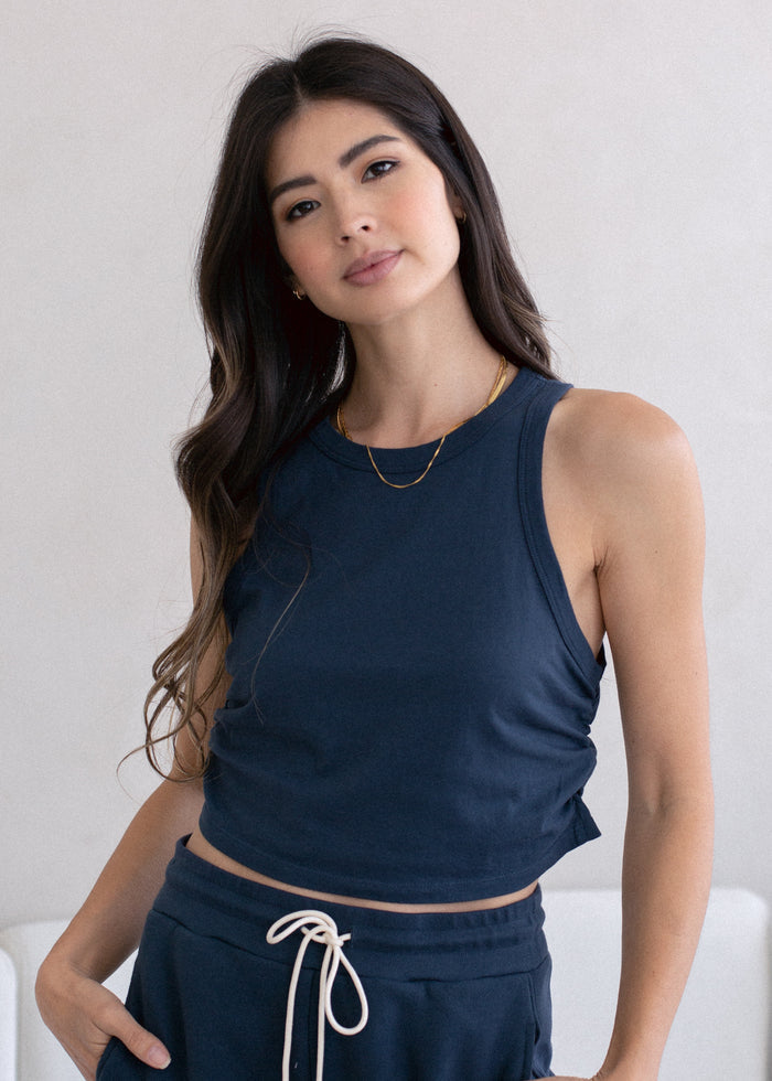 Front view of Sweetheart Tank in tan on model