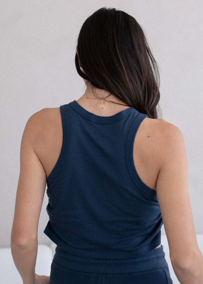 Back view of Sweetheart Tank in tan on model