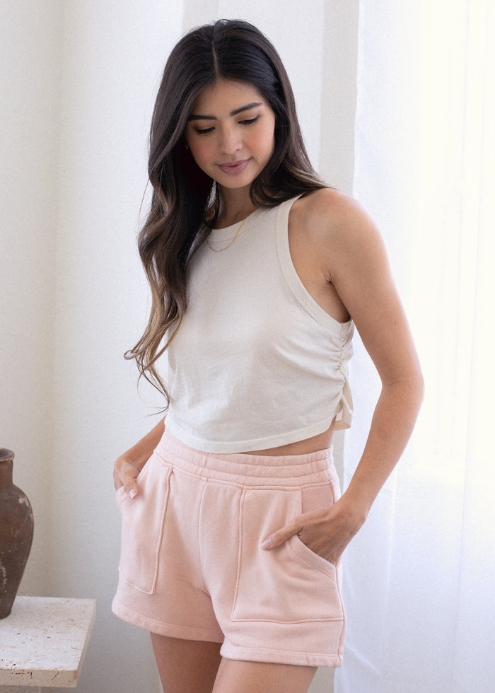 Close-up detail of Sweetheart Tank in coconut milk on model