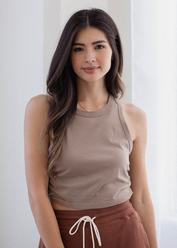 Additional view of Sweetheart Tank in tan on model