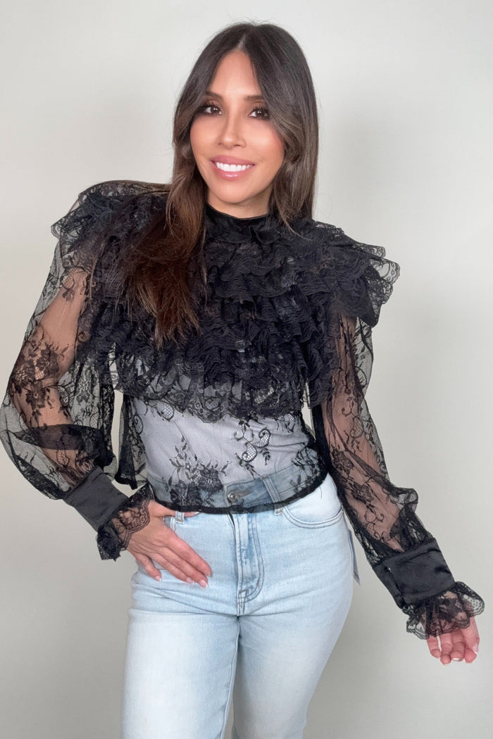 Tiered Front Ruffles Lace Mesh Blouse with floral embroidery, sheer long sleeves, and layered ruffle detail on the front.