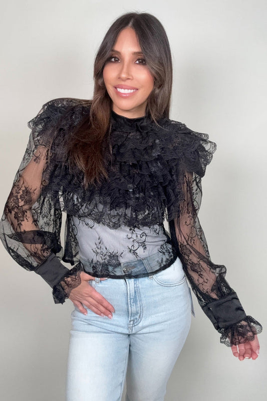 Tiered Front Ruffles Lace Mesh Blouse with floral embroidery, sheer long sleeves, and layered ruffle detail on the front.