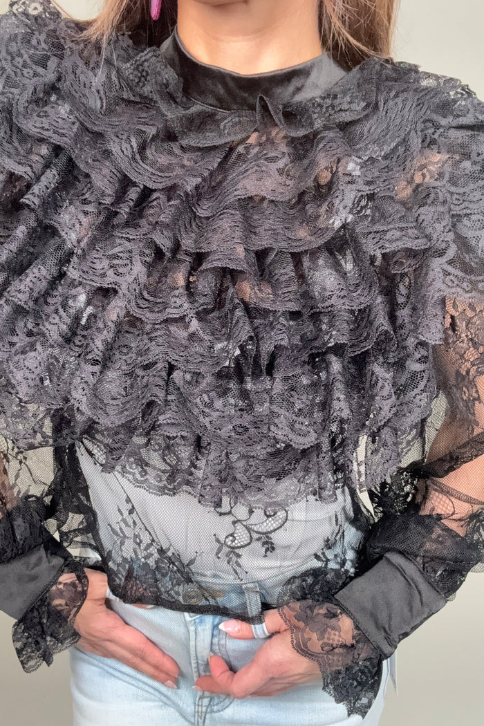 Style the Tiered Front Ruffles Lace Mesh Blouse exclusively at Born To Glam