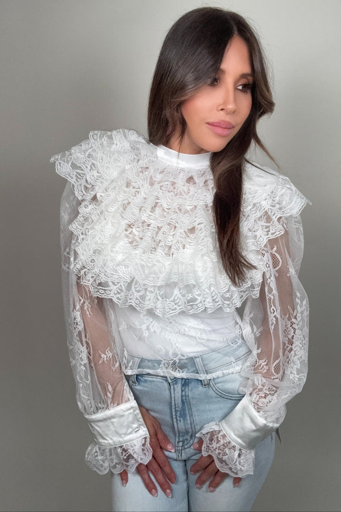 Style the Tiered Front Ruffles Lace Mesh Blouse exclusively at Born To Glam