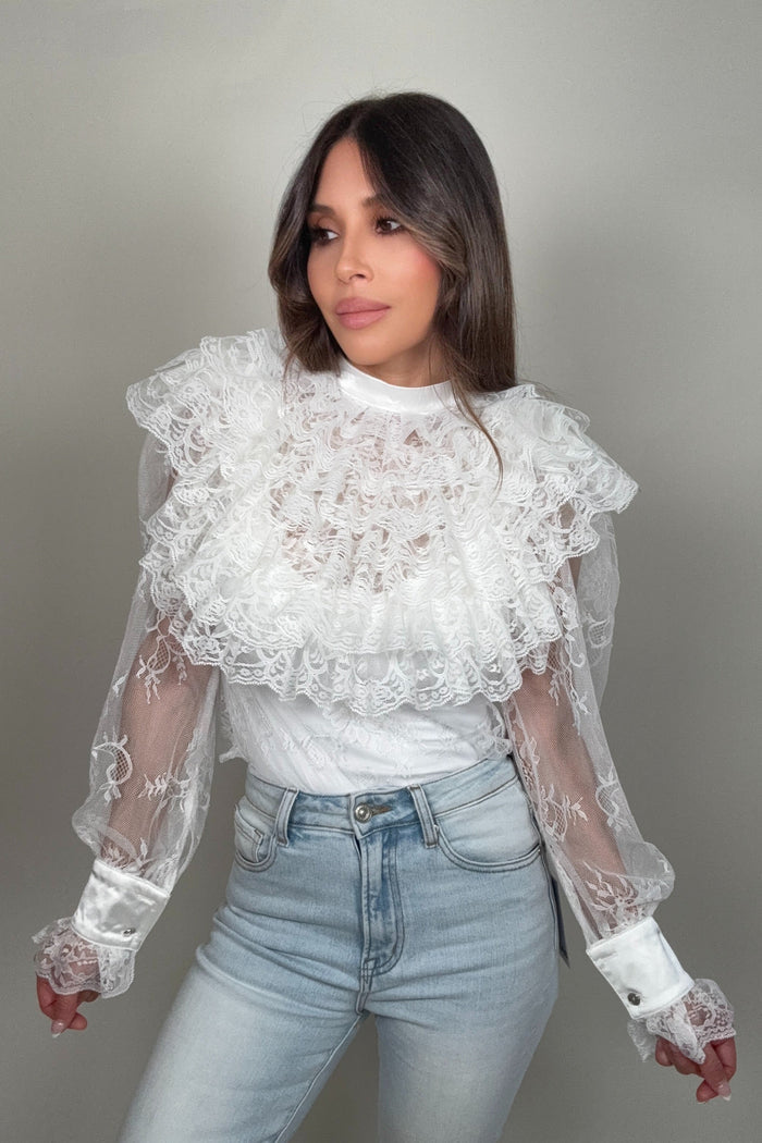 Style the Tiered Front Ruffles Lace Mesh Blouse exclusively at Born To Glam