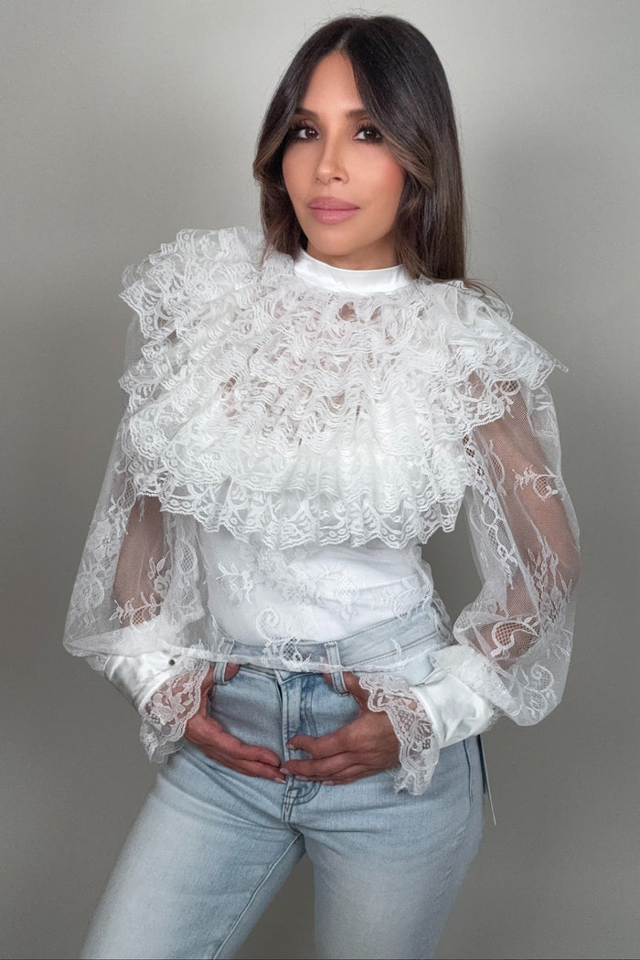 Style the Tiered Front Ruffles Lace Mesh Blouse exclusively at Born To Glam