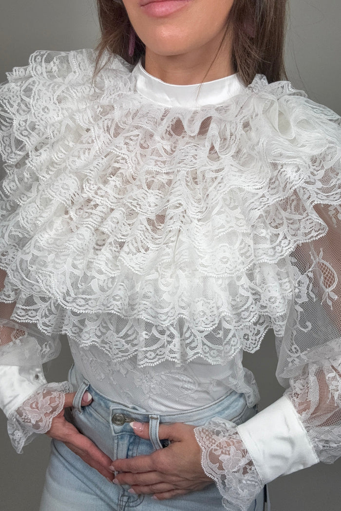 Style the Tiered Front Ruffles Lace Mesh Blouse exclusively at Born To Glam