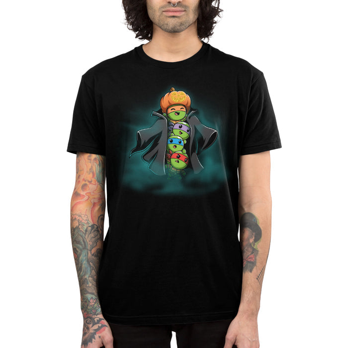 Premium Cotton T-shirt_TeeTurtle black TMNT Stack-o'-Lantern apparel featuring Michelangelo, Donatello, Leonardo, and Raphael in a stack wearing a trench coat with Michelangelo holding a pumpkin as their costume’s head, and with a spooky foggy background.