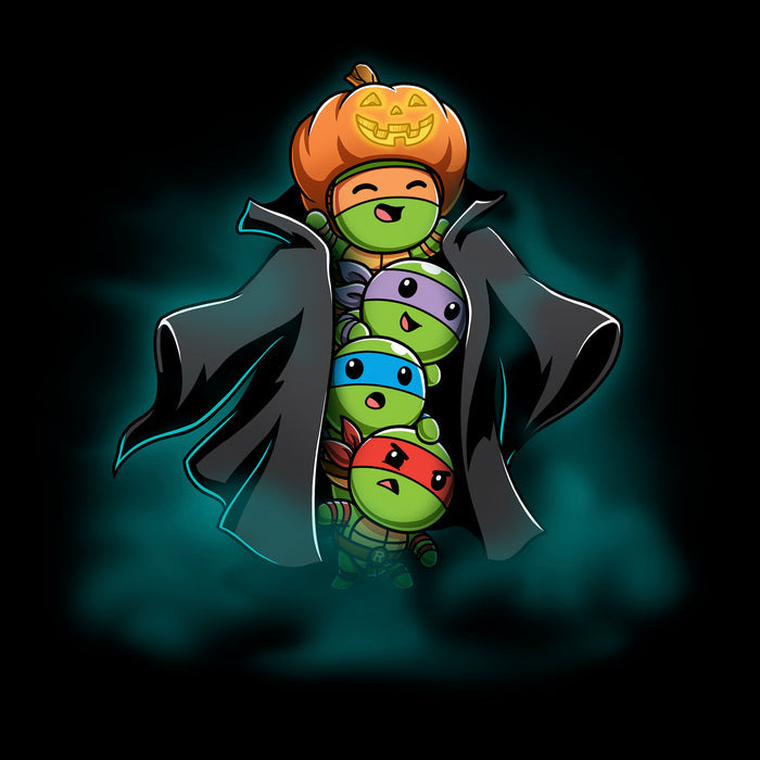 Classic Cotton T-shirt_TeeTurtle black TMNT Stack-o'-Lantern apparel featuring Michelangelo, Donatello, Leonardo, and Raphael in a stack wearing a trench coat with Michelangelo holding a pumpkin as their costume’s head, and with a spooky foggy background.
