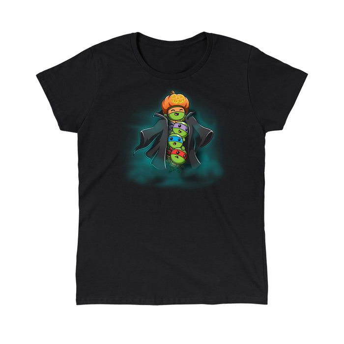 Classic Cotton T-shirt_TeeTurtle black TMNT Stack-o'-Lantern apparel featuring Michelangelo, Donatello, Leonardo, and Raphael in a stack wearing a trench coat with Michelangelo holding a pumpkin as their costume’s head, and with a spooky foggy background.