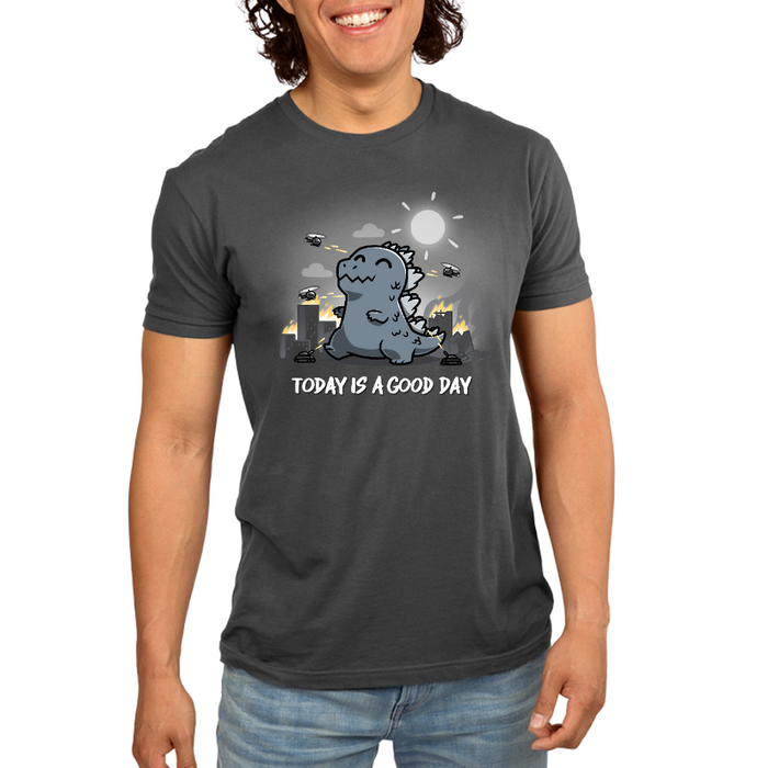 Premium Cotton T-shirt_TeeTurtle charcoal gray Today Is A Good Day (Godzilla) apparel featuring Godzilla happily trampling through a burning city with helicopters and a bright sun in the sky, and the caption, "Today Is A Good Day".