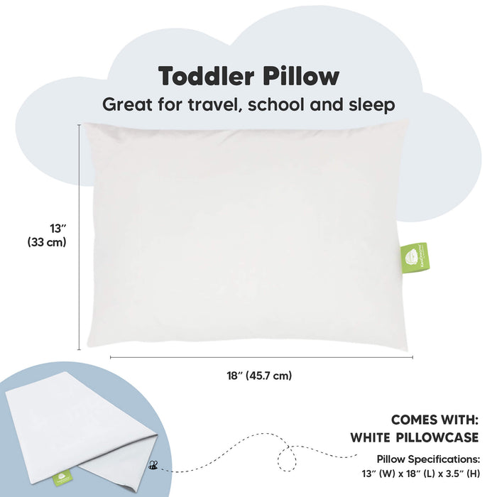 Toddler Pillow, Great for travel, school and sleep, COMES WITH: WHITE PILLOWCASE, Pillow Specifications:
13" (W) x 18" (L) x 3.5" (H)