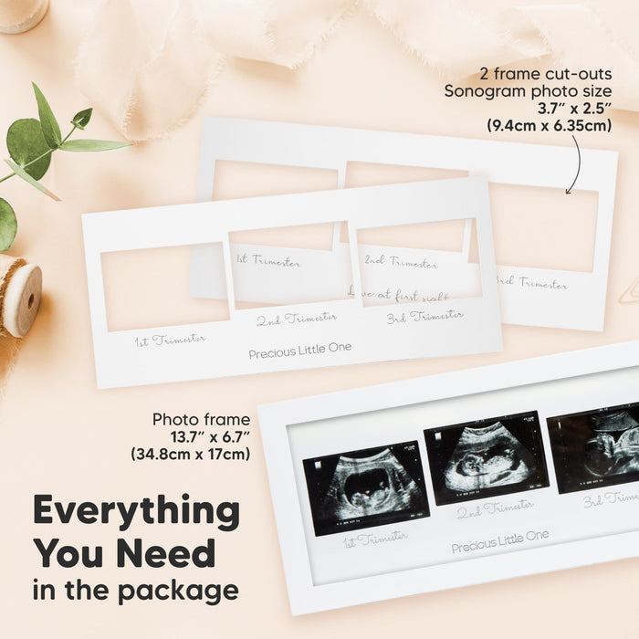 Everything You Need: photo frame (13.7" x 6.7" / 34.8cm x 17cm), 2x frame cut-outs for sonogram photos (3.7" x 2.5" / 9.4cm x 6.35cm).