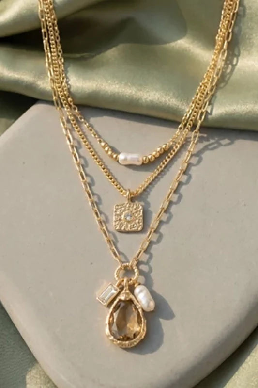 Triple The Fun Layered Pearl & Crystal Pendant Necklace-Cute-Trendy-Shop-Womens-Boutique-Clothing-Store