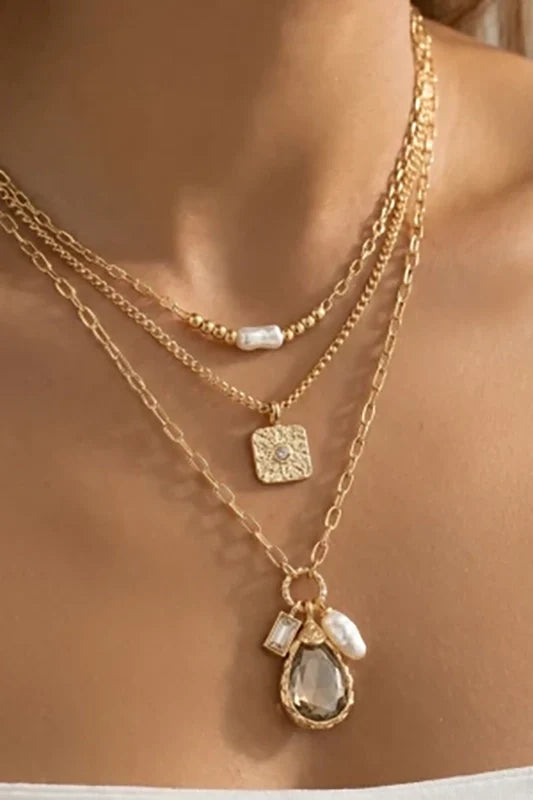 Triple The Fun Layered Pearl & Crystal Pendant Necklace-Cute-Trendy-Shop-Womens-Boutique-Clothing-Store