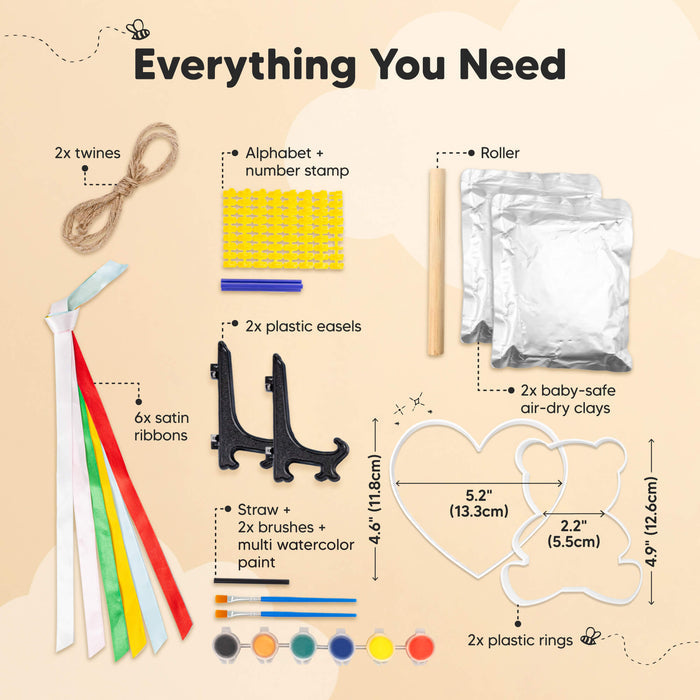 Everything You Need: 2x twines, alphabet + number stamp, roller, 2x baby-safe air-dry clays, 2x plastic easels, 6x satin ribbons, watercolor paint set + 2x brushes + straw, 2x plastic rings (heart: 5.2" / 13.3cm, bear: 4.9" / 12.6cm).