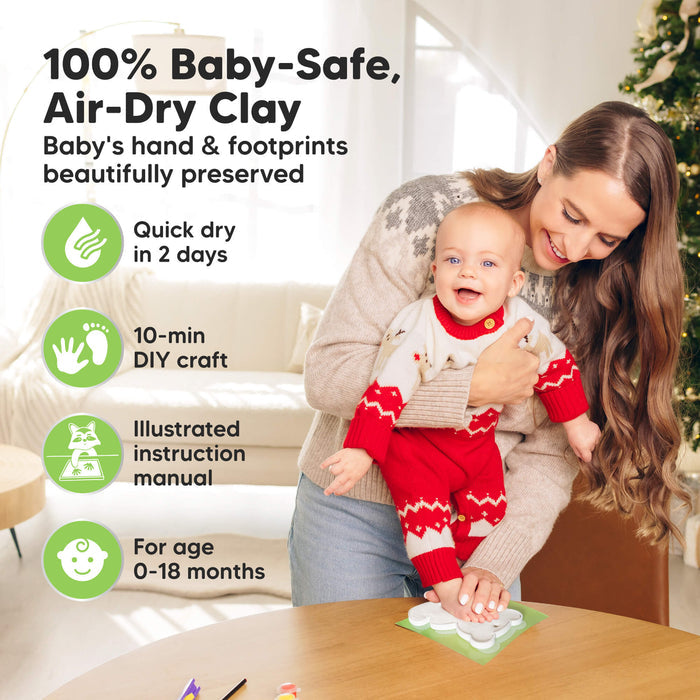 100% Baby-Safe Air-Dry Clay, preserves baby’s hand & footprints beautifully, quick dry in 2 days, 10-min DIY craft, includes illustrated instruction manual, suitable for ages 0–18 months.