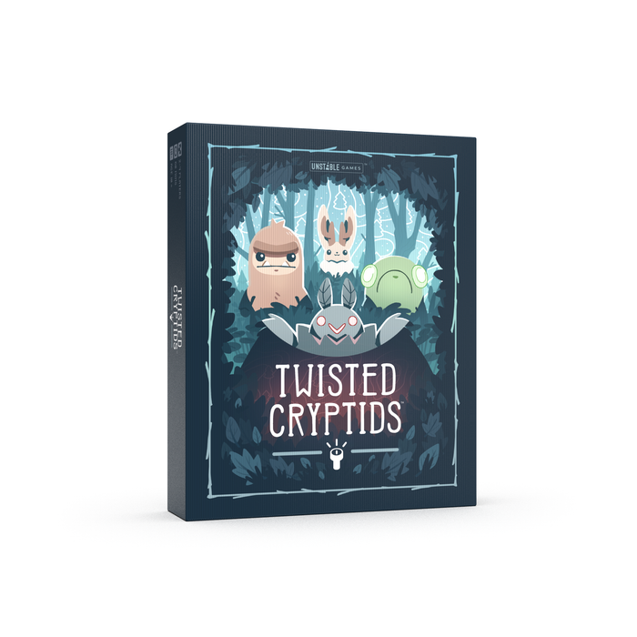 The image shows the boxed "Twisted Cryptids: Base Game" by Unstable Games, a tabletop game featuring cryptid creatures on its cover with a stylized forest background.