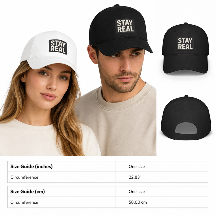 White Stay Real baseball cap in cotton twill with adjustable Velcro closure