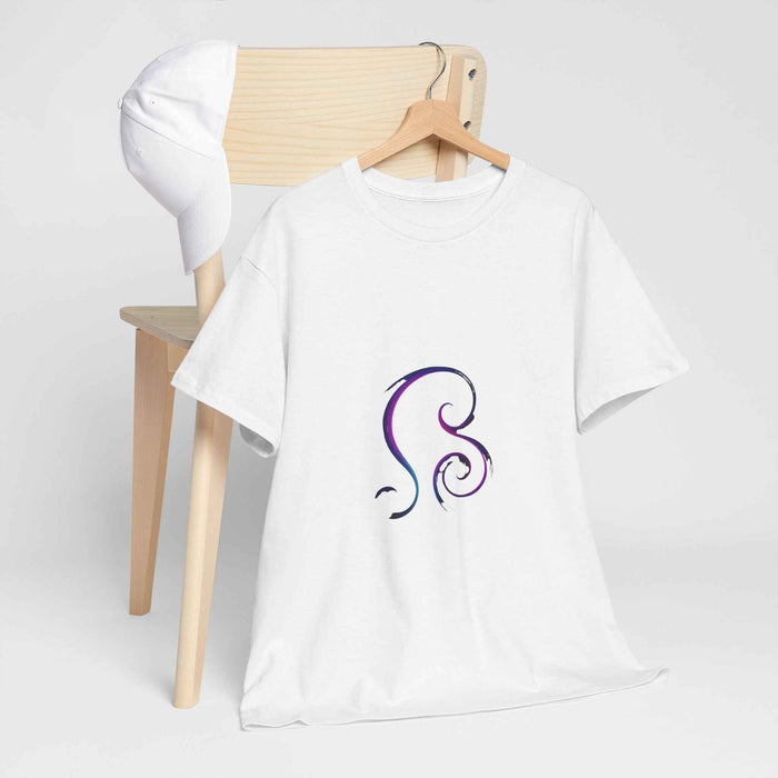 Close view of elegant swirl graphic on a unisex heavy cotton tee with a ribbed collar designed to retain its shape over time.